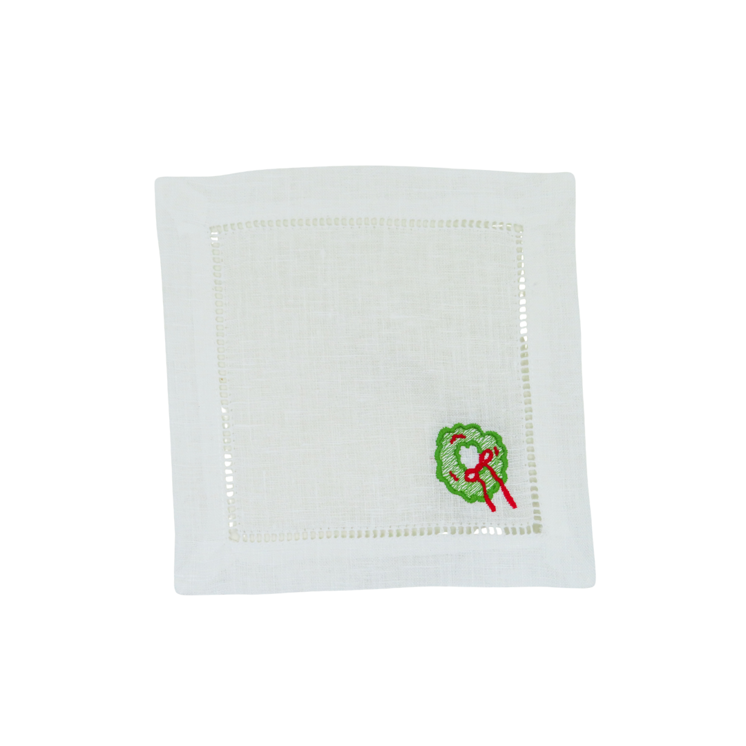 Festive Wreath Linen Cocktail Napkins — Set of 4