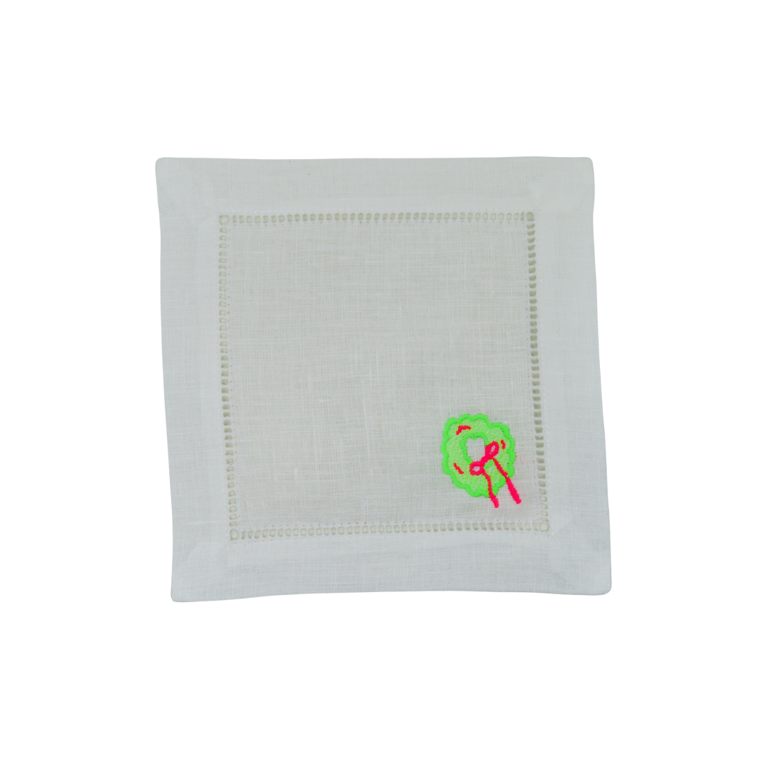 Festive Wreath Linen Cocktail Napkins — Set of 4