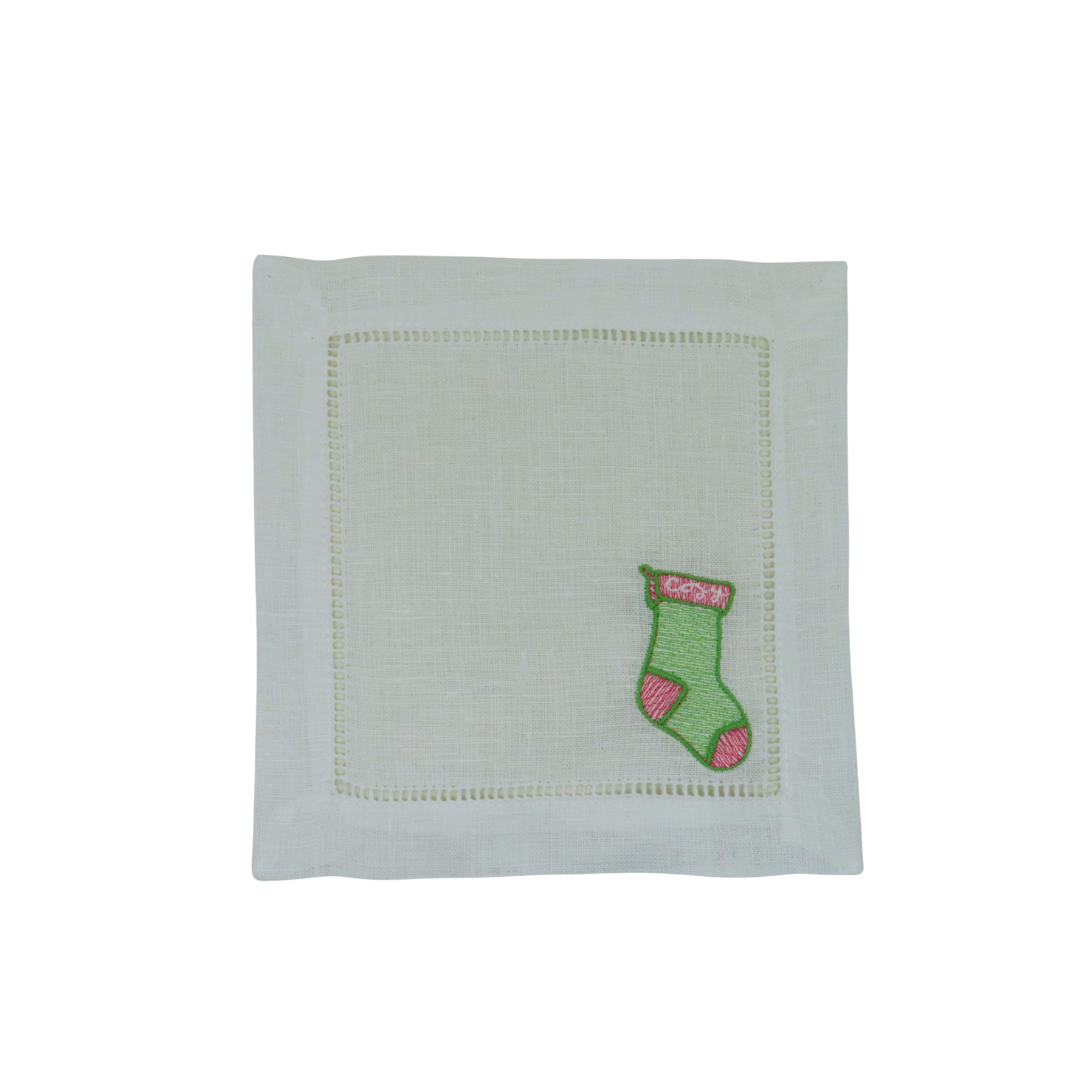 Festive Stocking Linen Cocktail Napkins — Set of 4