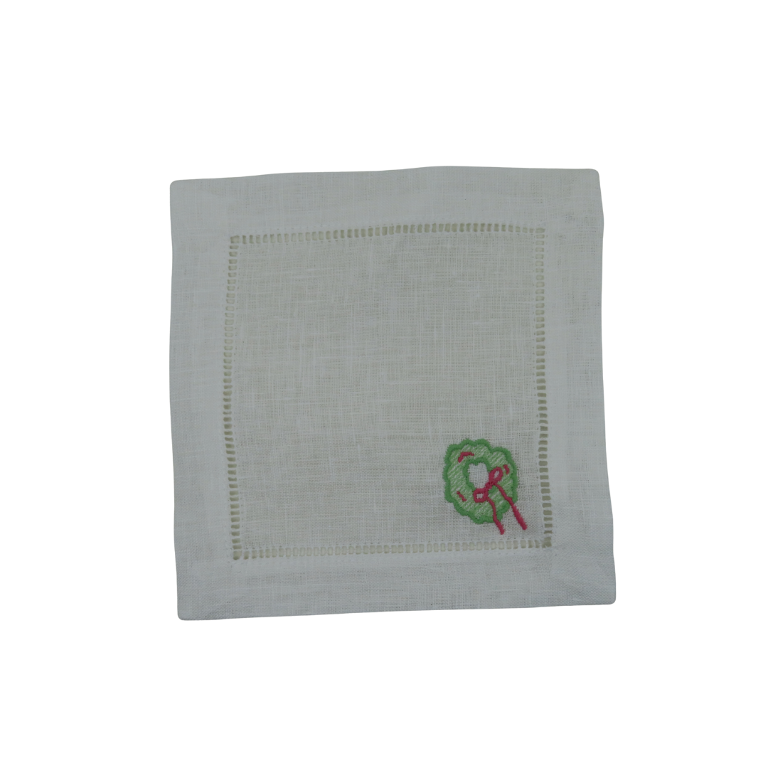Festive Wreath Linen Cocktail Napkins — Set of 4