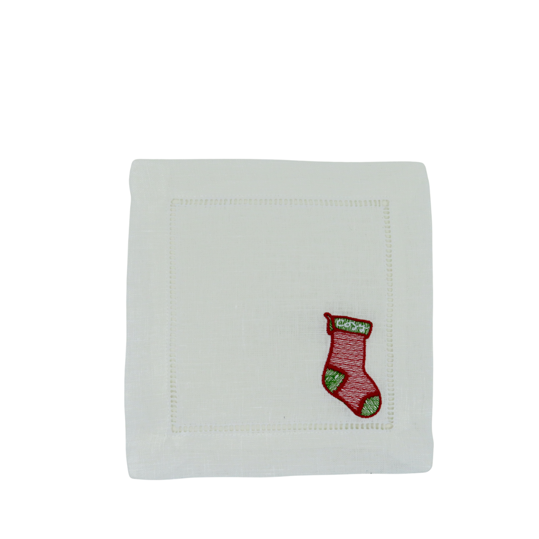 Festive Stocking Linen Cocktail Napkins — Set of 4